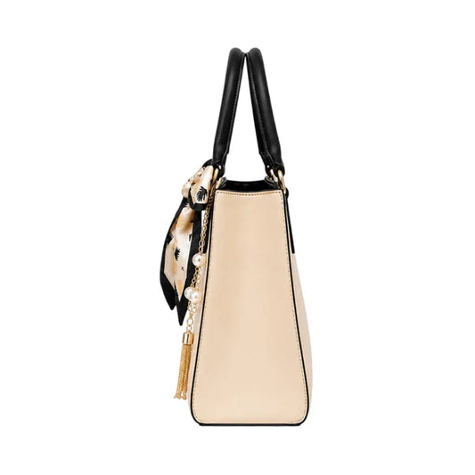 Lomx Elegant White Leather Handbag with Pearl Tassel