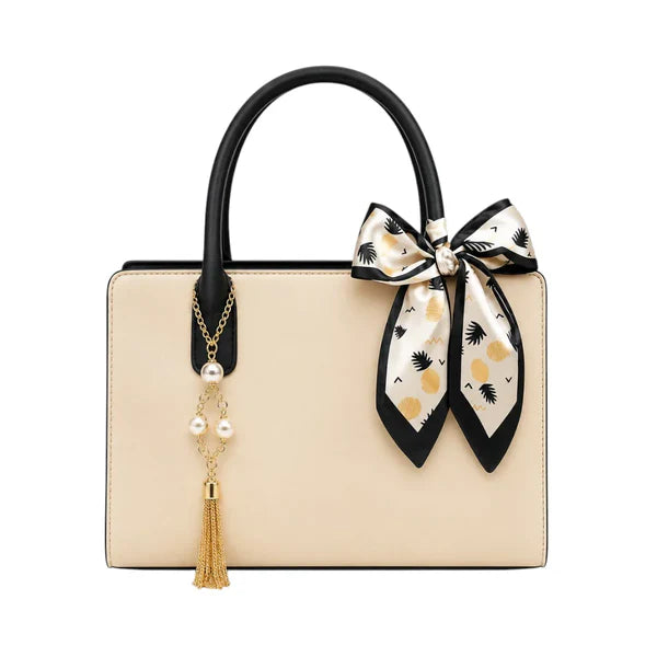 Lomx Elegant White Leather Handbag with Pearl Tassel
