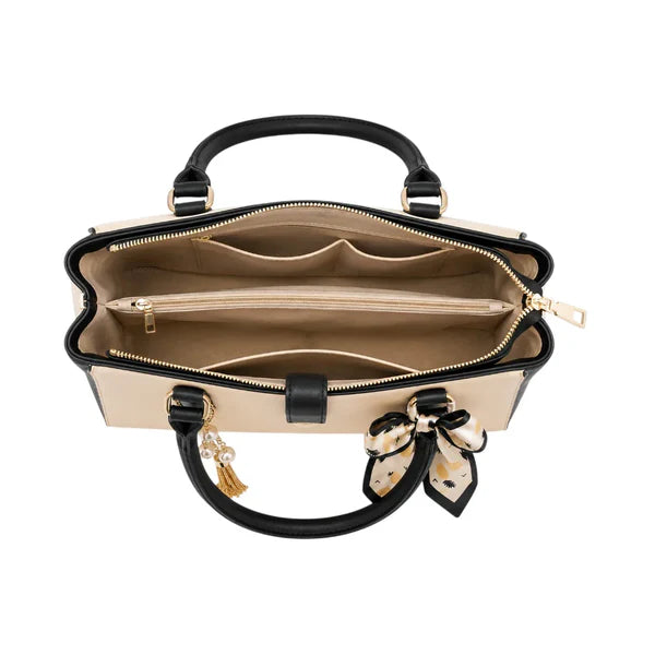 Lomx Elegant White Leather Handbag with Pearl Tassel